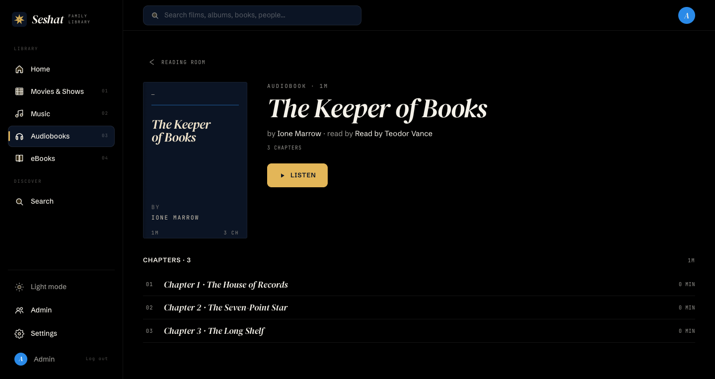 An audiobook detail page with a chapter list