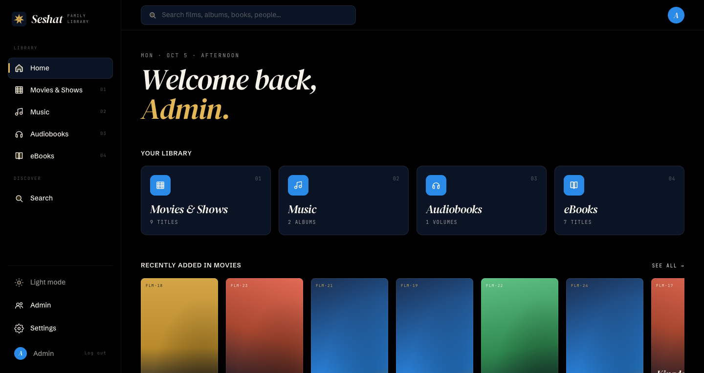 The Seshat web client home page in dark mode